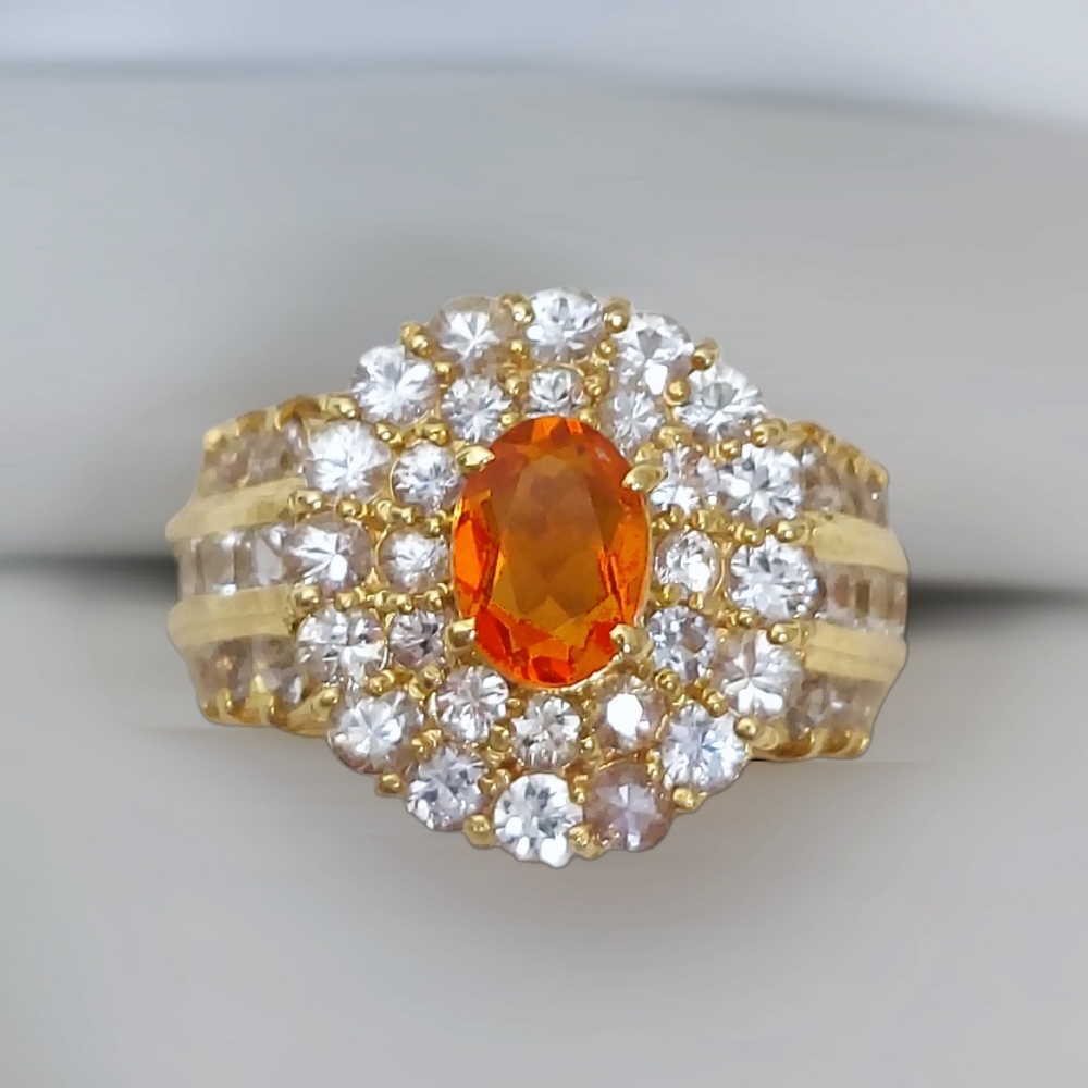 18K Yellow Gold Fire Opal Sapphire Halo Cocktail Ring - Picture 3 of 16